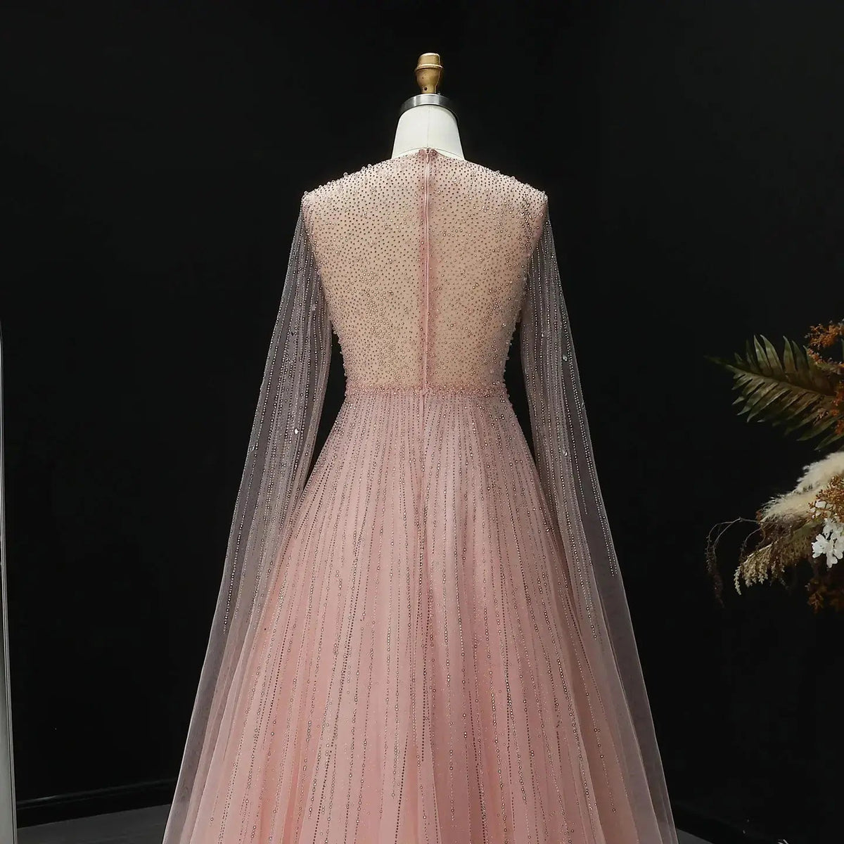 Glamorous Pink Illusion Neck Beaded Chiffon Evening Dress with Cape Sleeves SS054