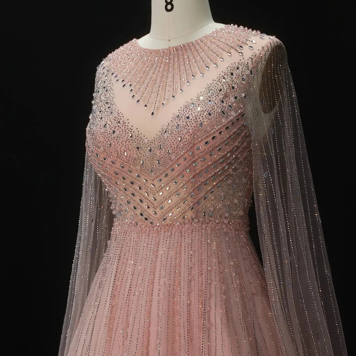 Glamorous Pink Illusion Neck Beaded Chiffon Evening Dress with Cape Sleeves SS054