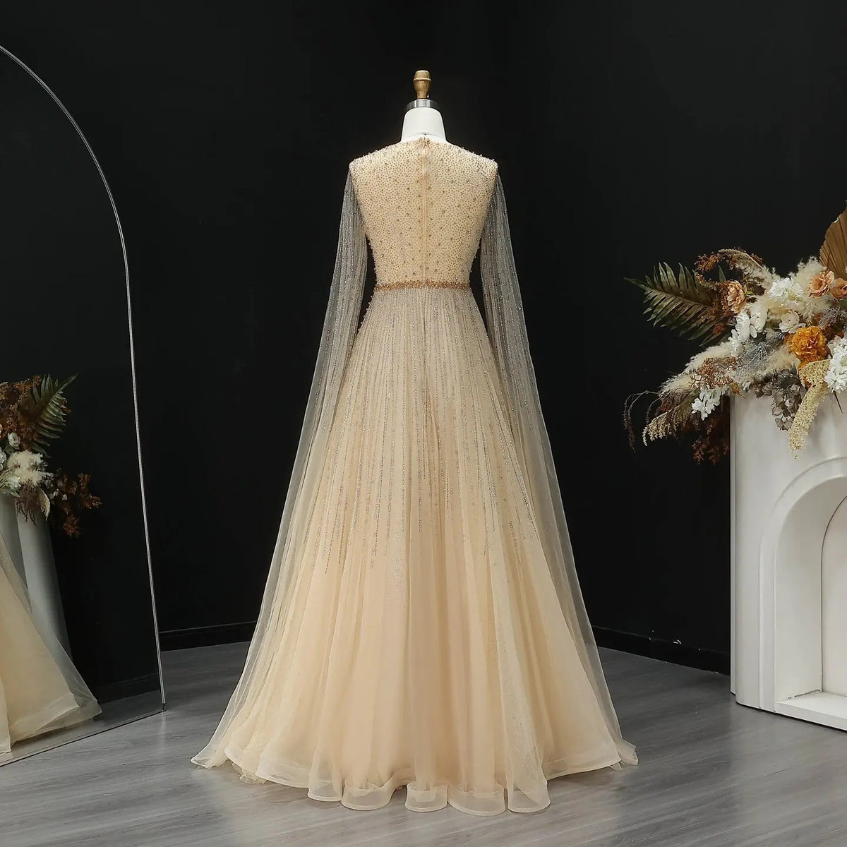 Glamorous Pink Illusion Neck Beaded Chiffon Evening Dress with Cape Sleeves SS054
