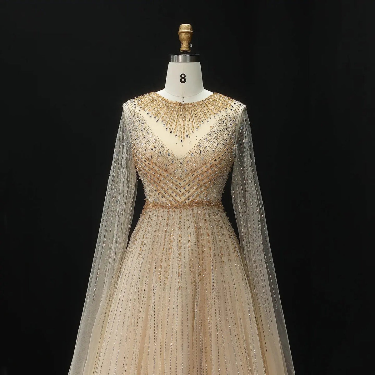 Glamorous Pink Illusion Neck Beaded Chiffon Evening Dress with Cape Sleeves SS054