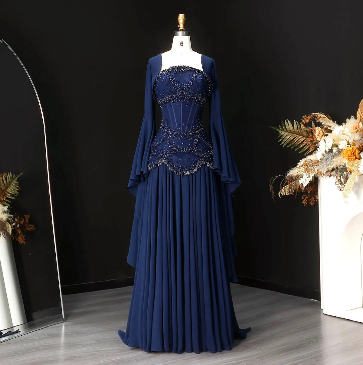 Luxury Pearls Tassel Blue and Yellow Evening Dress with Flowing Sleeves SS286