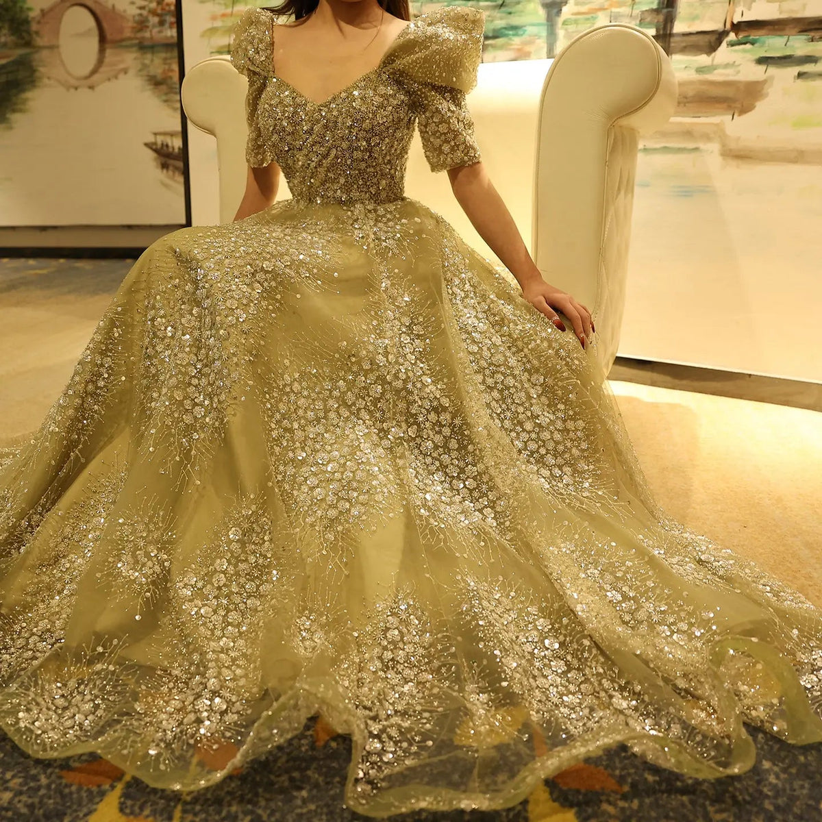 Glitter Lime Green Puffle Sleeve Evening Dress SS155