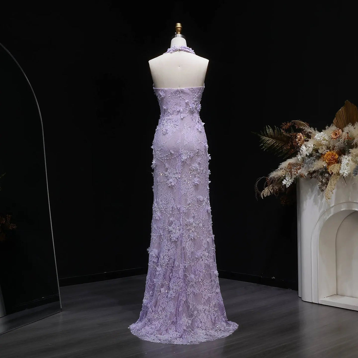 Glamorous Green Halter Lace Evening Dress with Slit SF521