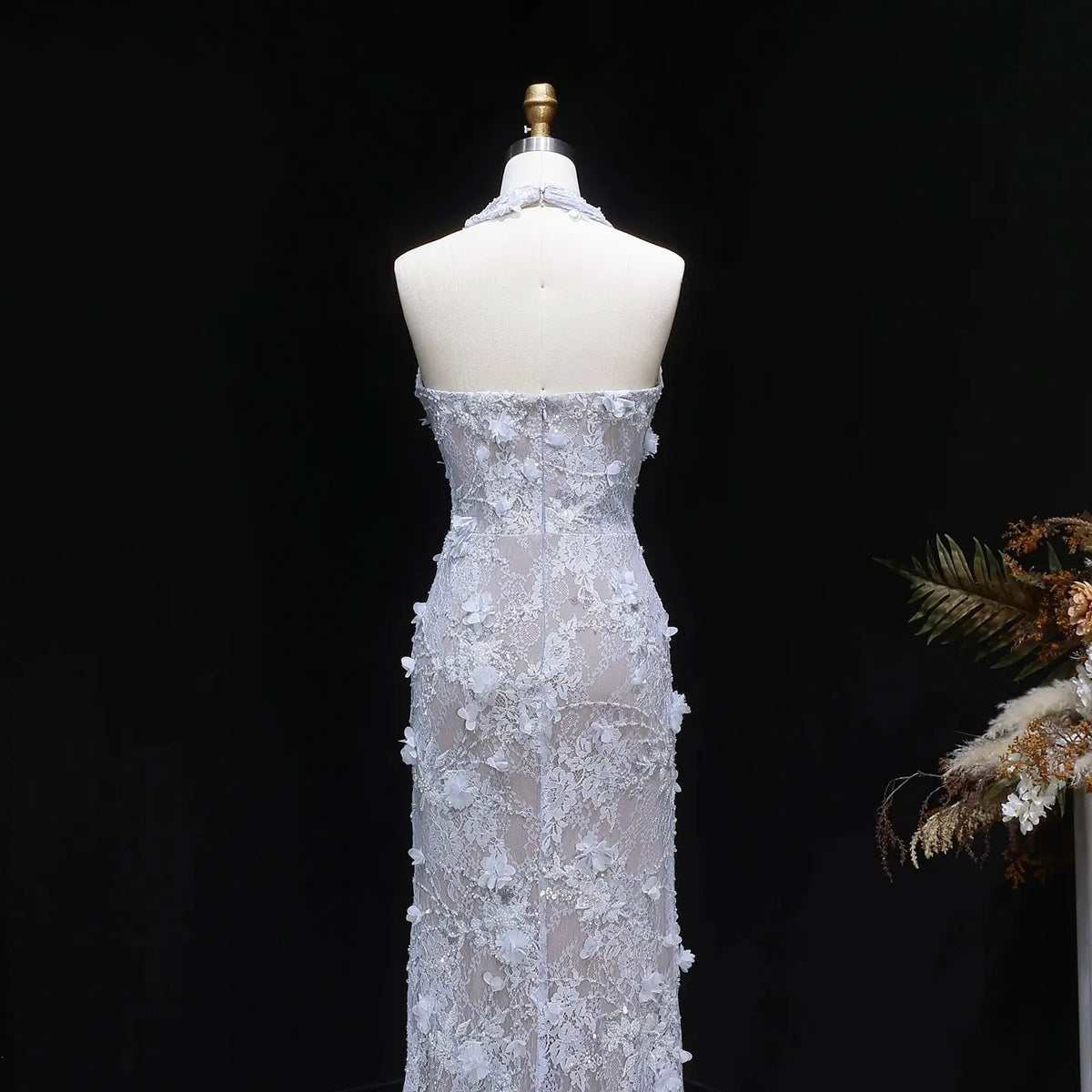 Glamorous Green Halter Lace Evening Dress with Slit SF521