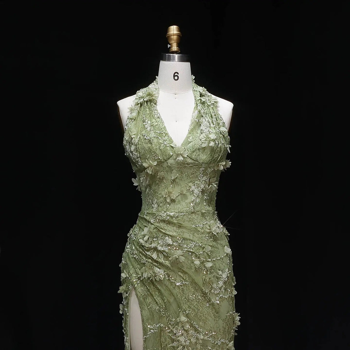 Glamorous Green Halter Lace Evening Dress with Slit SF521