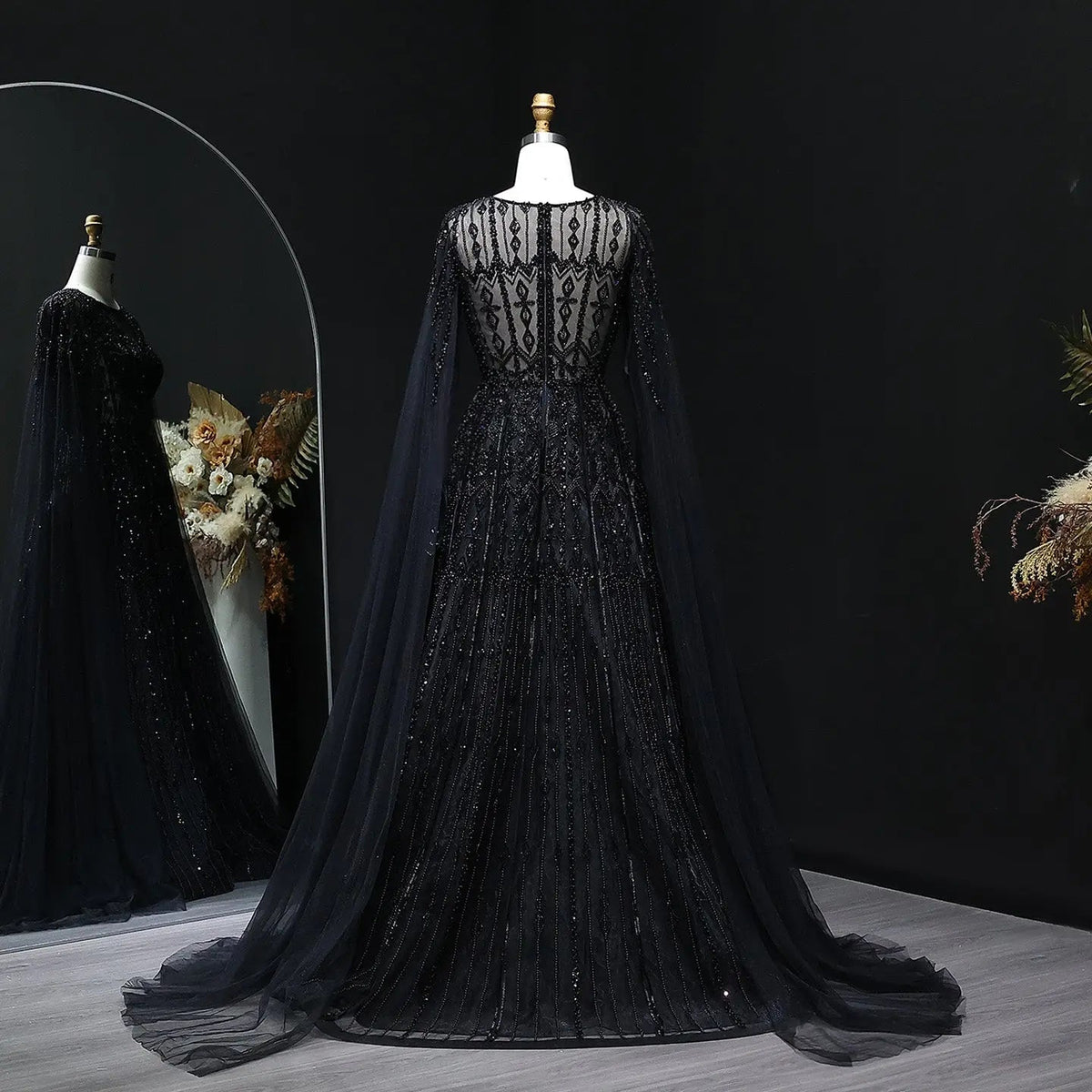 Luxury Blue Evening Dress with Cape Sleeves SS001