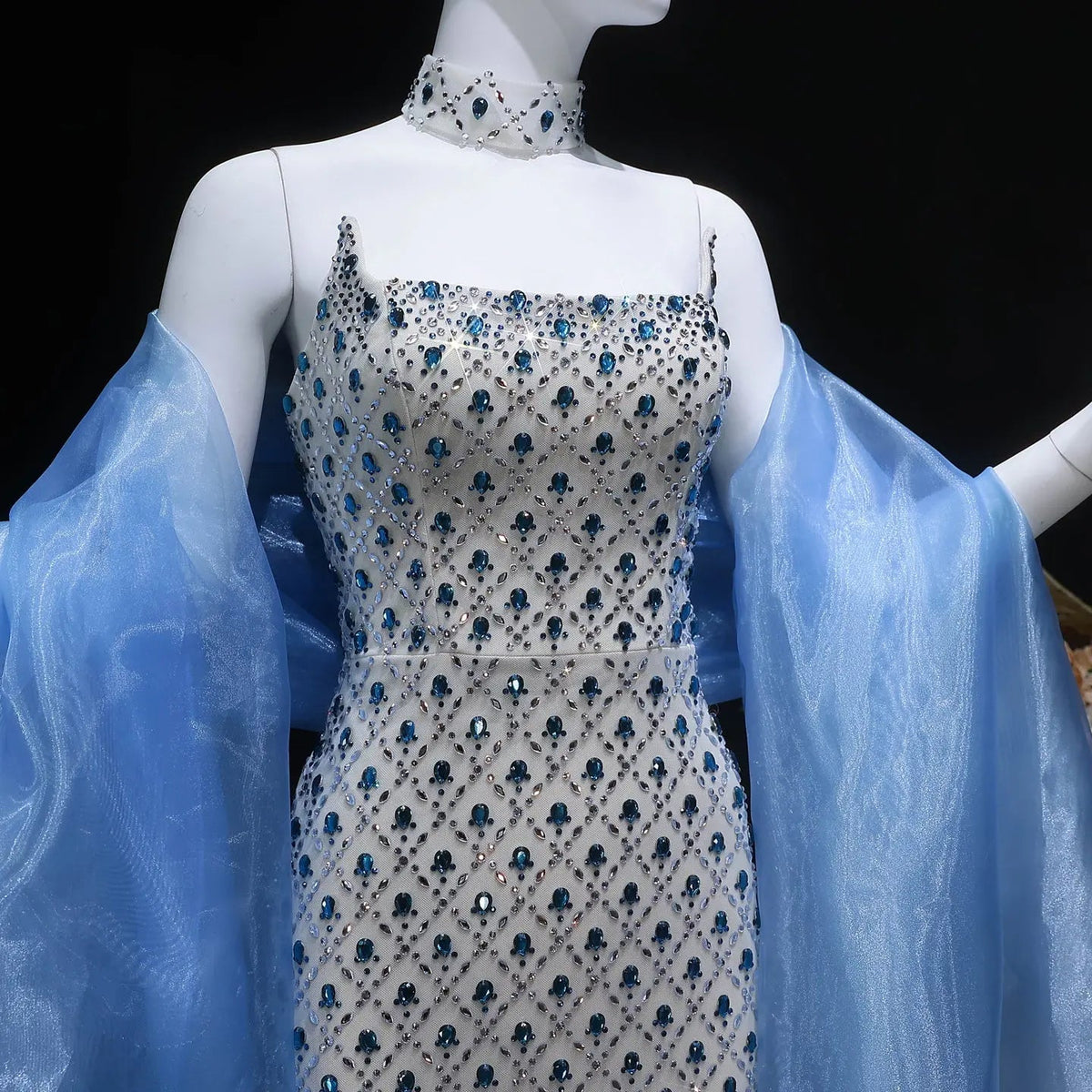 Luxury Blue Beaded Mermaid Evening Dress with Cape Sleeve and Choker SS506