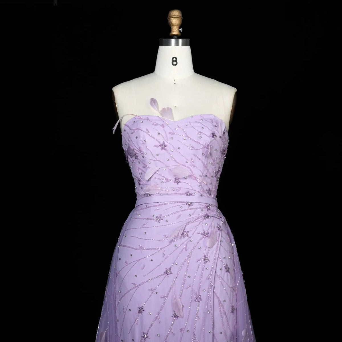 Luxury Feathers Beaded Lilac Evening Dress with Overskirt SS456