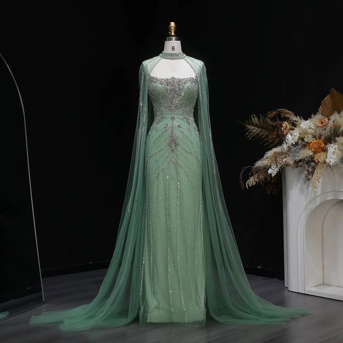 Luxury Champagne Halter Neck Cape Sleeve Beaded Evening Dress SS131