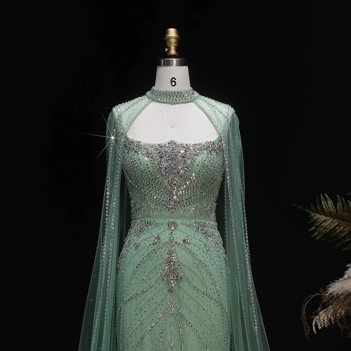 Luxury Champagne Halter Neck Cape Sleeve Beaded Evening Dress SS131