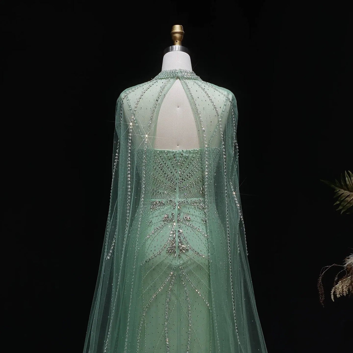 Luxury Champagne Halter Neck Cape Sleeve Beaded Evening Dress SS131
