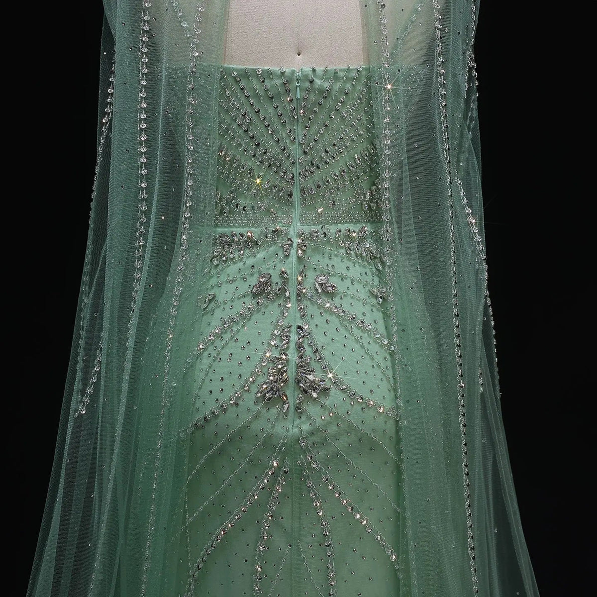 Luxury Champagne Halter Neck Cape Sleeve Beaded Evening Dress SS131