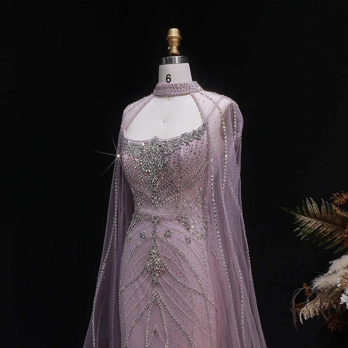 Luxury Champagne Halter Neck Cape Sleeve Beaded Evening Dress SS131