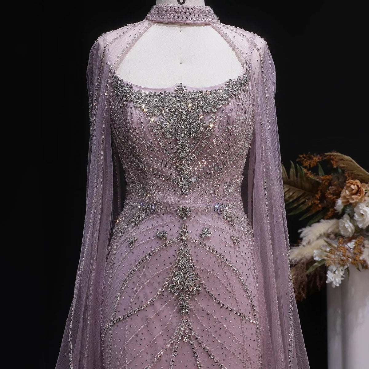 Luxury Champagne Halter Neck Cape Sleeve Beaded Evening Dress SS131