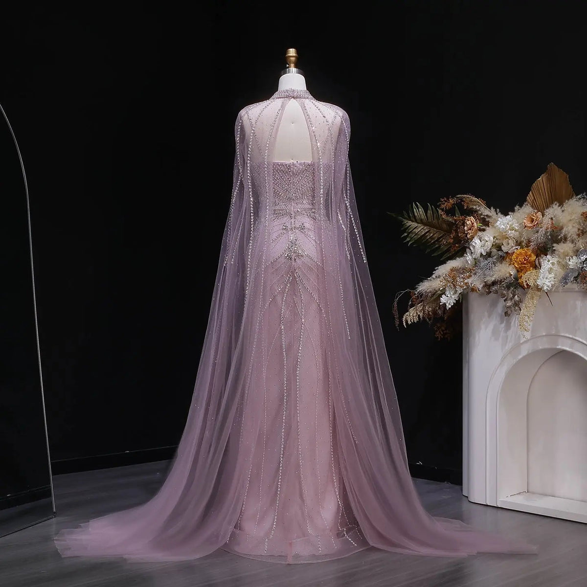 Luxury Champagne Halter Neck Cape Sleeve Beaded Evening Dress SS131