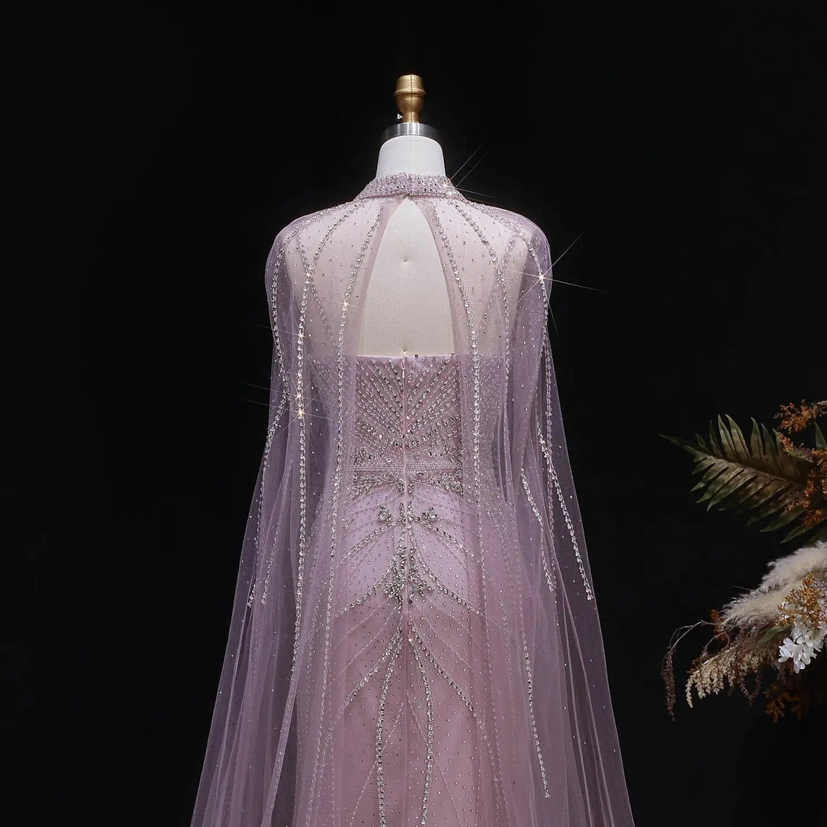 Luxury Champagne Halter Neck Cape Sleeve Beaded Evening Dress SS131
