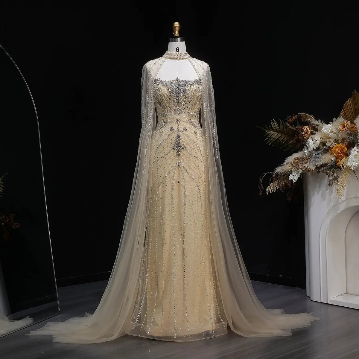 Luxury Champagne Halter Neck Cape Sleeve Beaded Evening Dress SS131