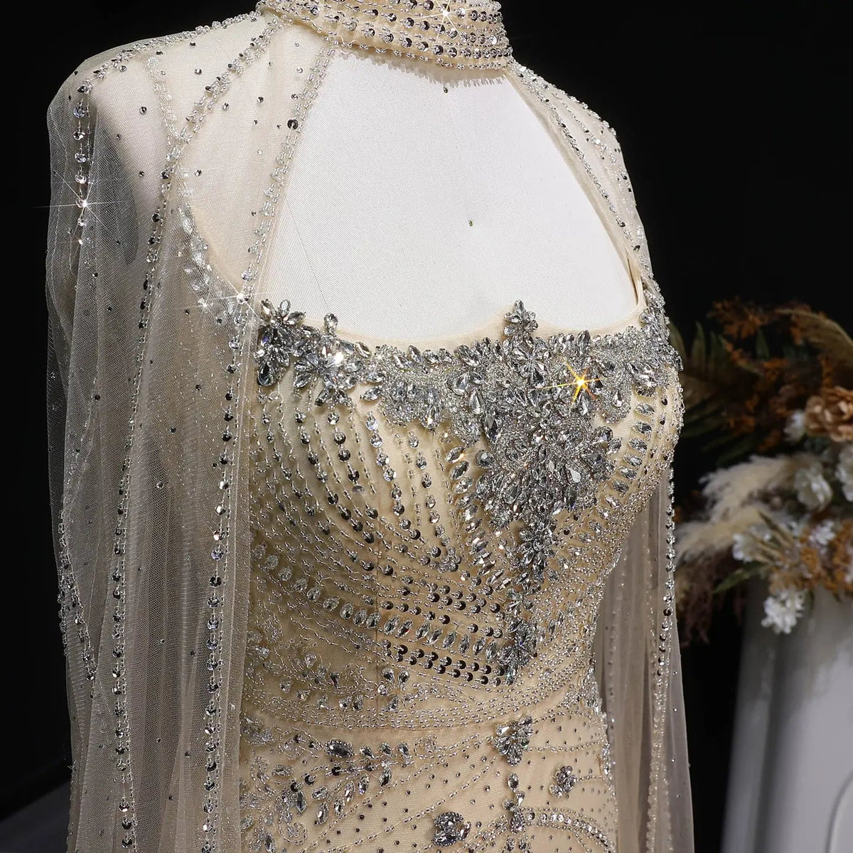Luxury Champagne Halter Neck Cape Sleeve Beaded Evening Dress SS131