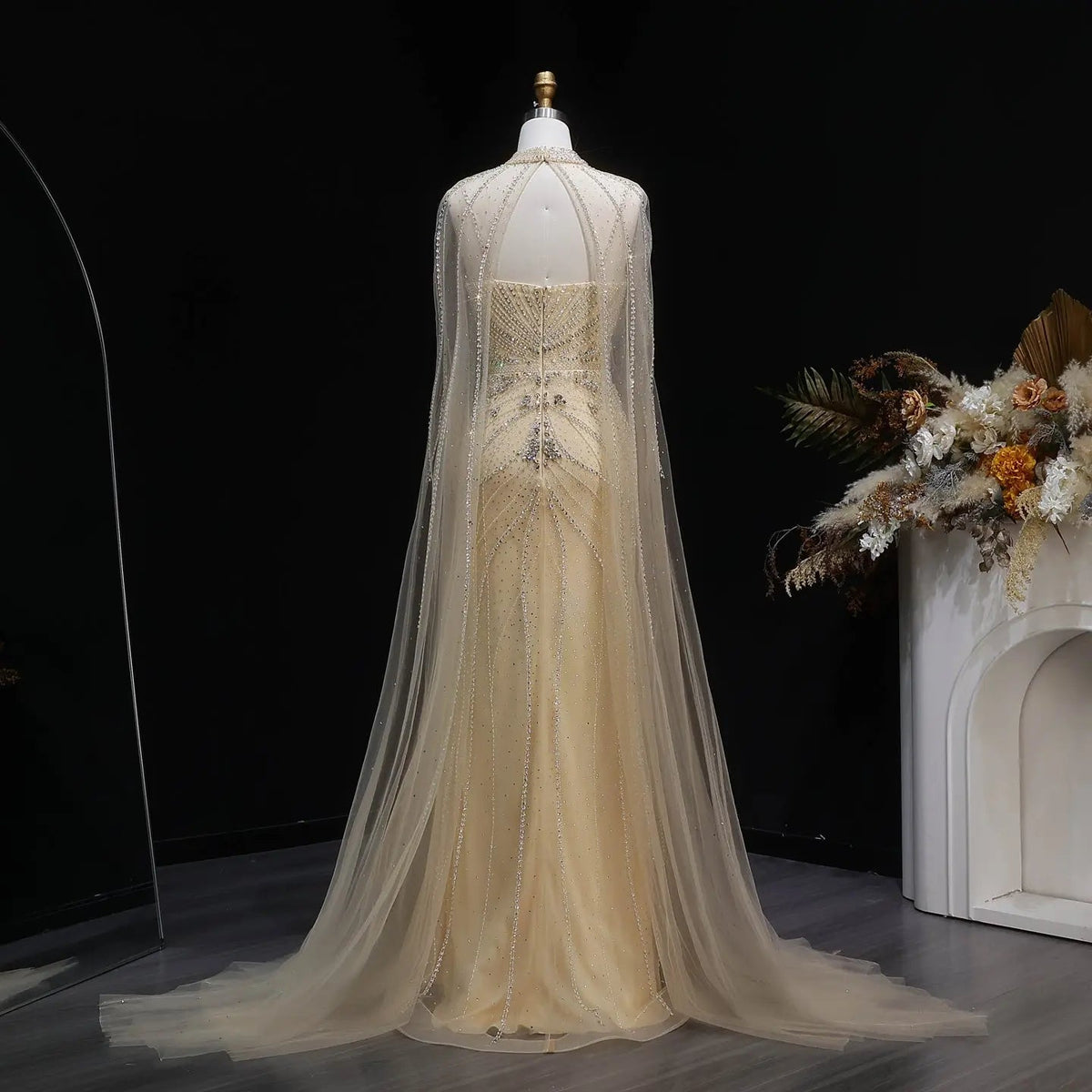 Luxury Champagne Halter Neck Cape Sleeve Beaded Evening Dress SS131