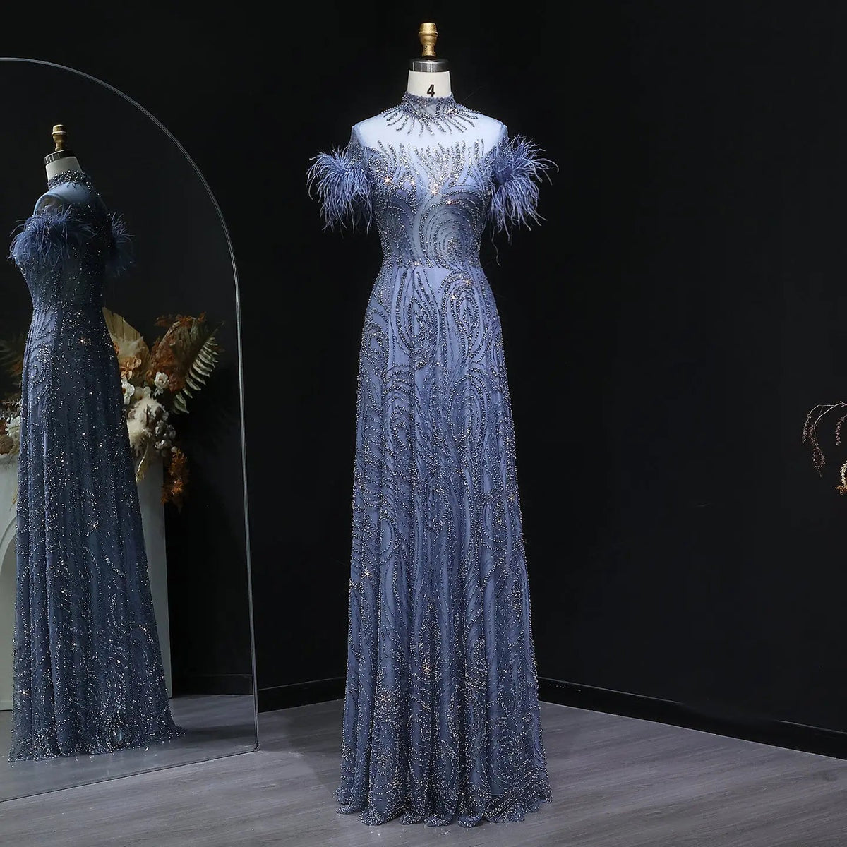Luxury High Neck Blue Feathers Evening Dress SS660