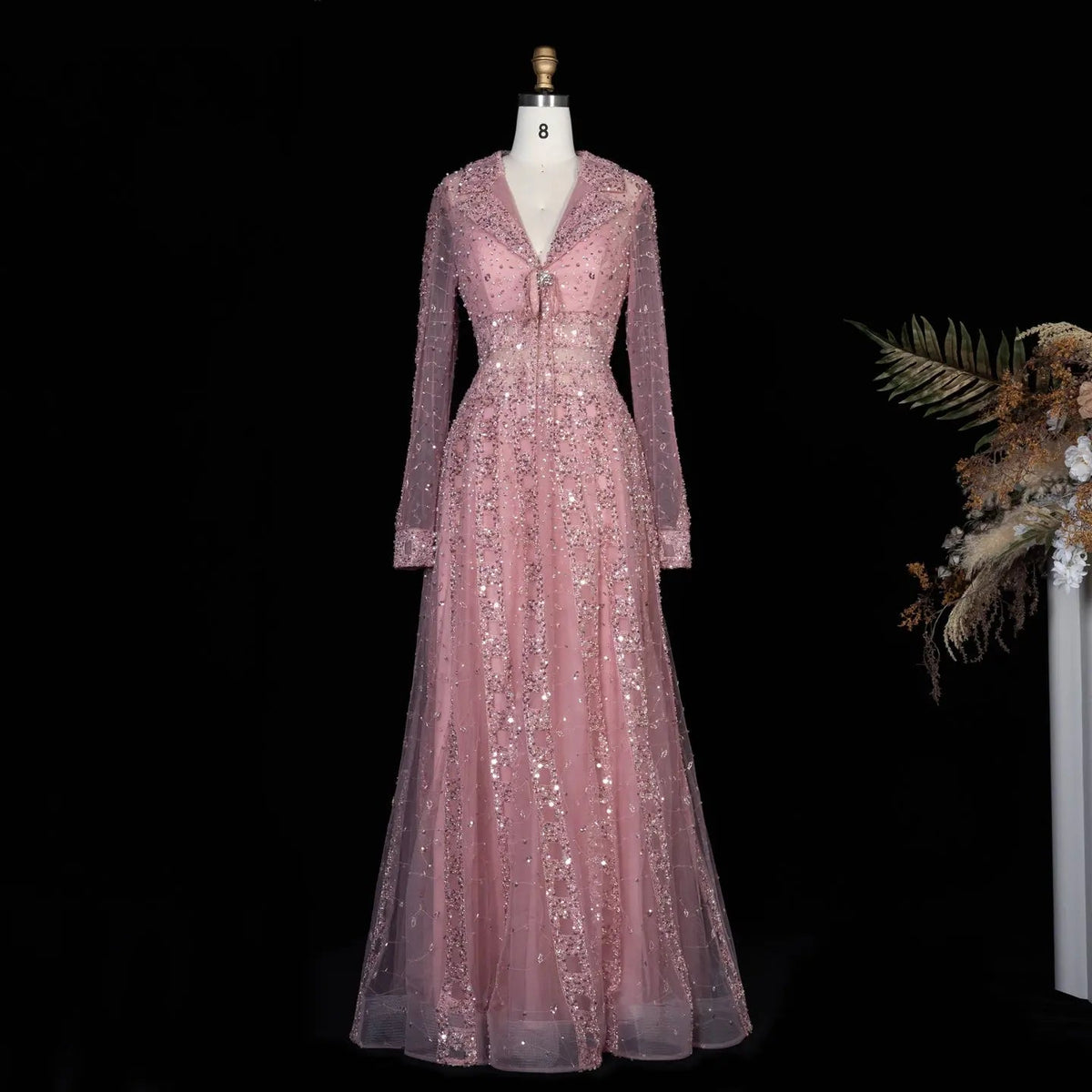 Luxury Blue Notched Collar Long Sleeve Beaded Evening Dress SS419