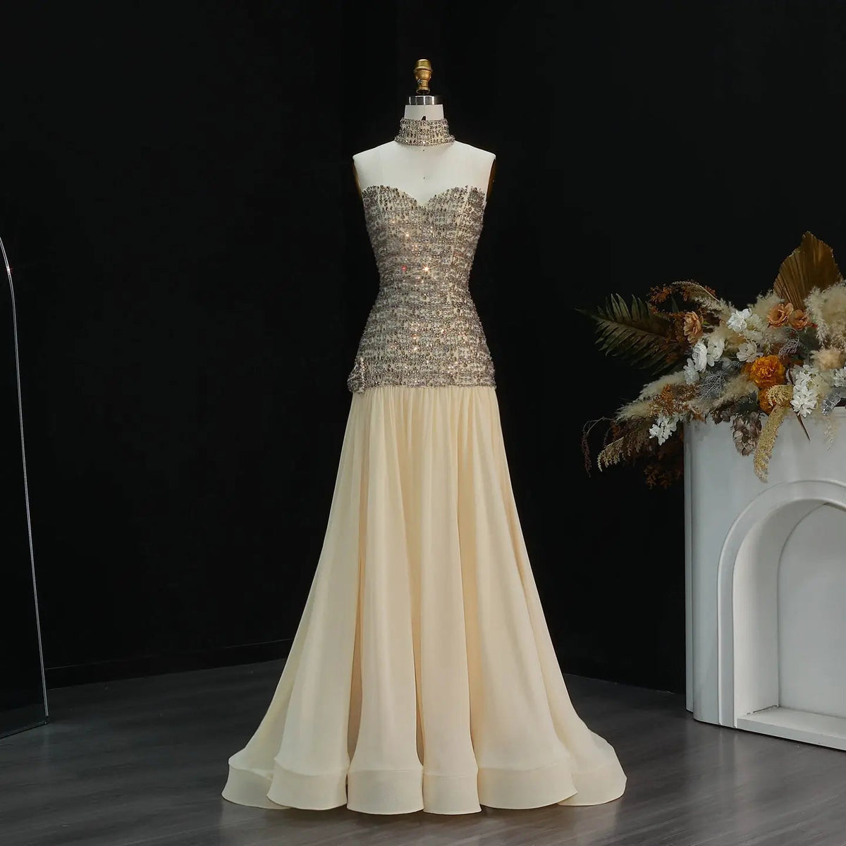 Opulent Gold Strapless Beaded Corset Evening Dress with Choker SS504