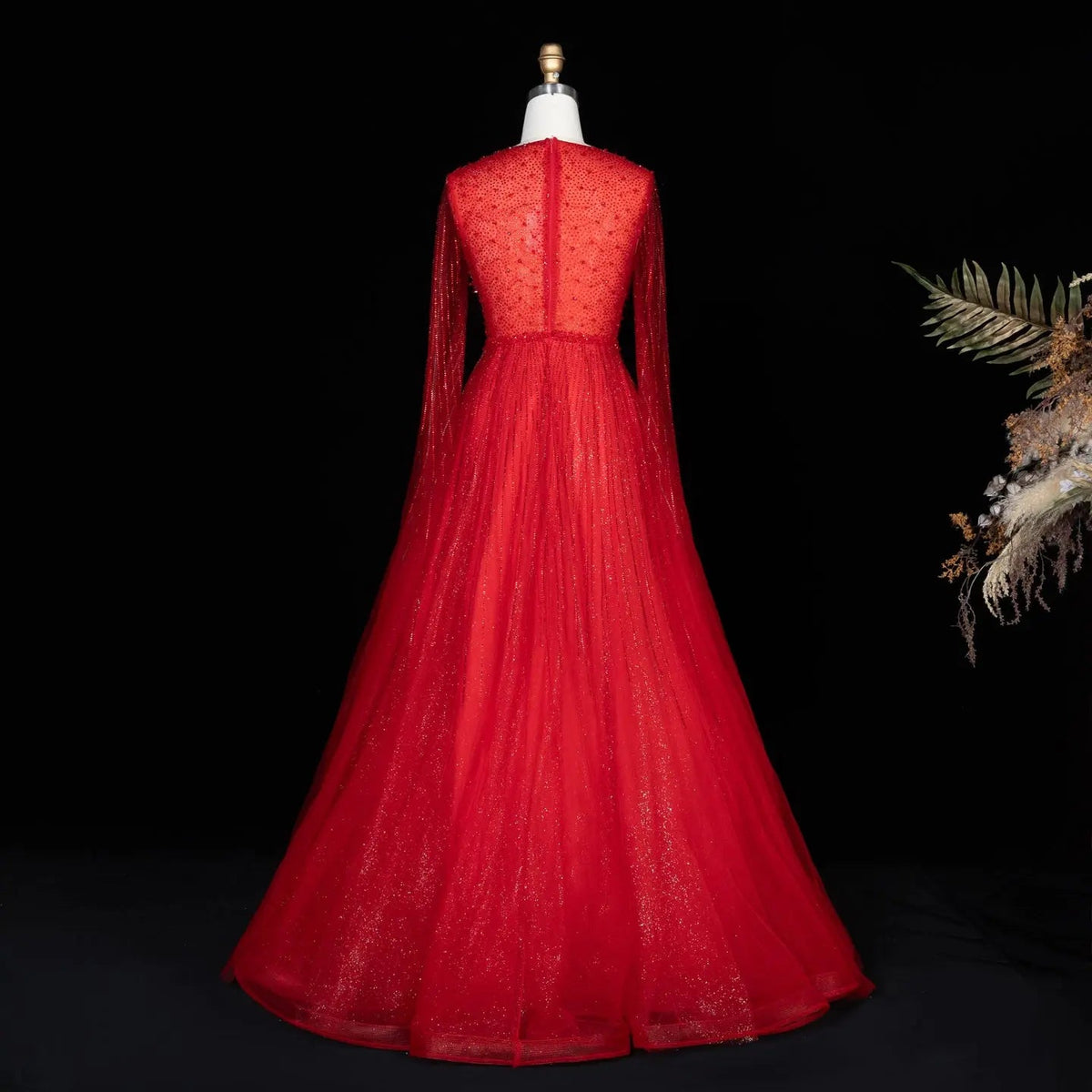 Glamorous Pink Illusion Neck Beaded Chiffon Evening Dress with Cape Sleeves SS054