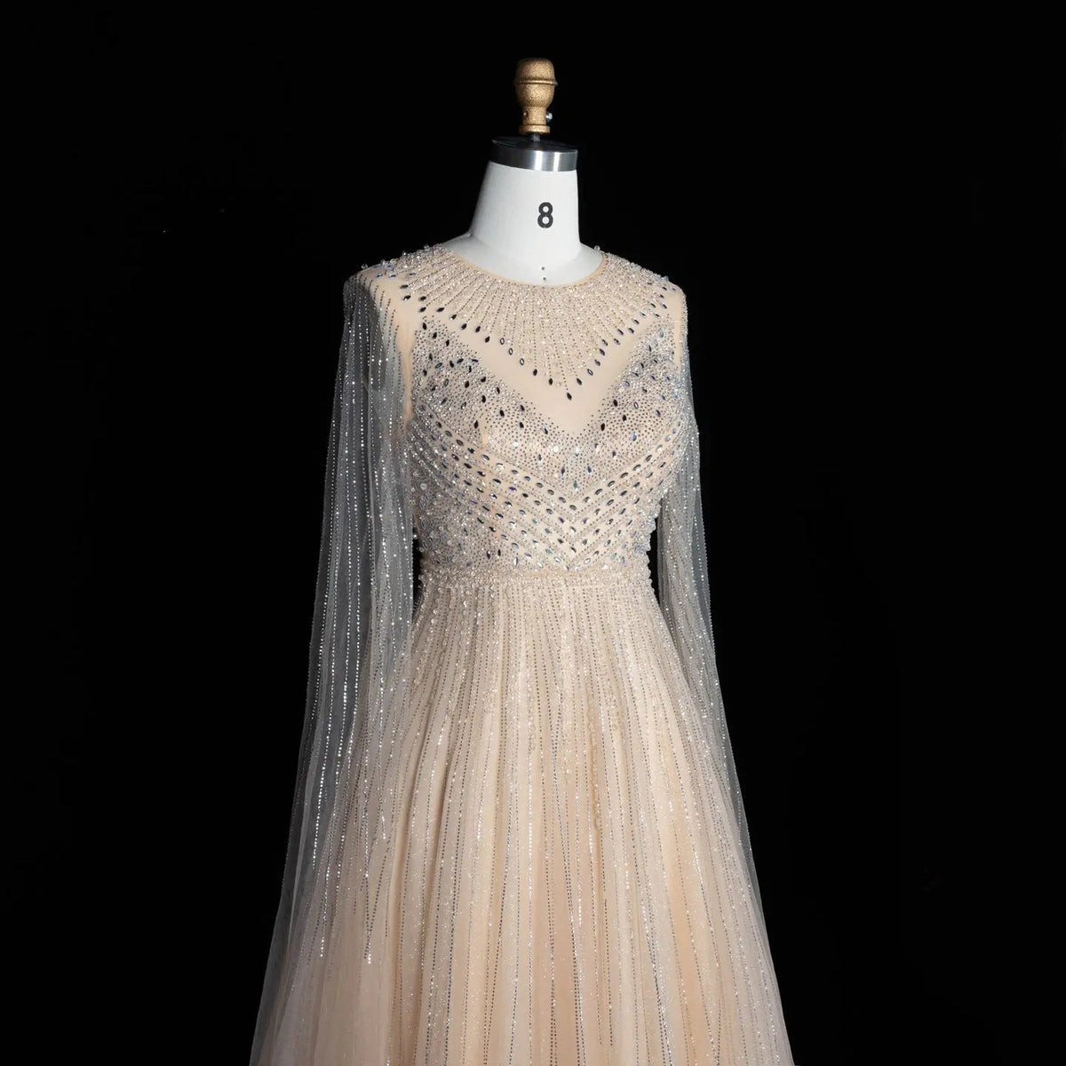 Glamorous Pink Illusion Neck Beaded Chiffon Evening Dress with Cape Sleeves SS054