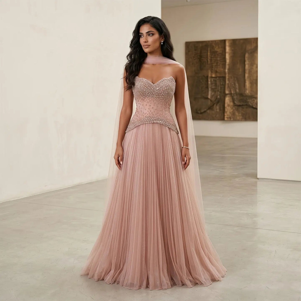 Luxury Sage Green Beaded A-Line Evening Dress with Scarf SS299
