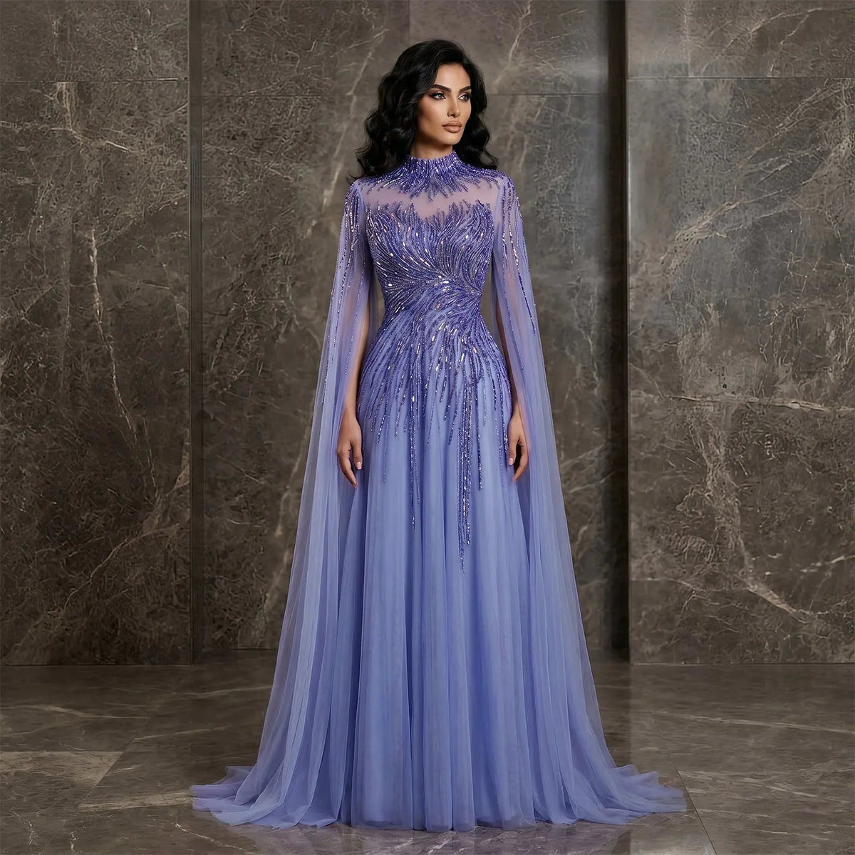 Luxury Blue High Neck Beaded Evening Dress with Cape Sleeve SS134