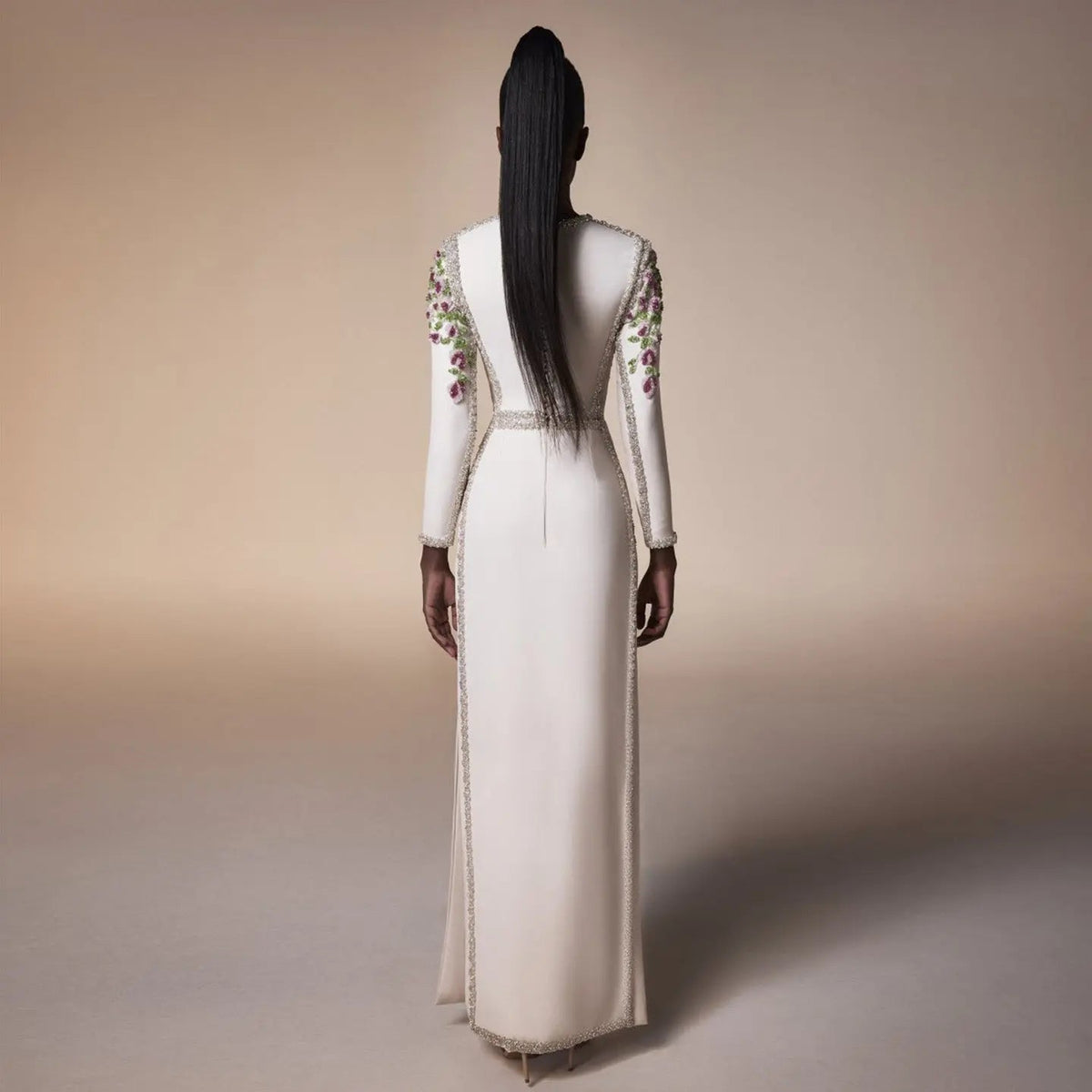Elegant White Long Sleeves Embroidery Flora Evening Dress SS541