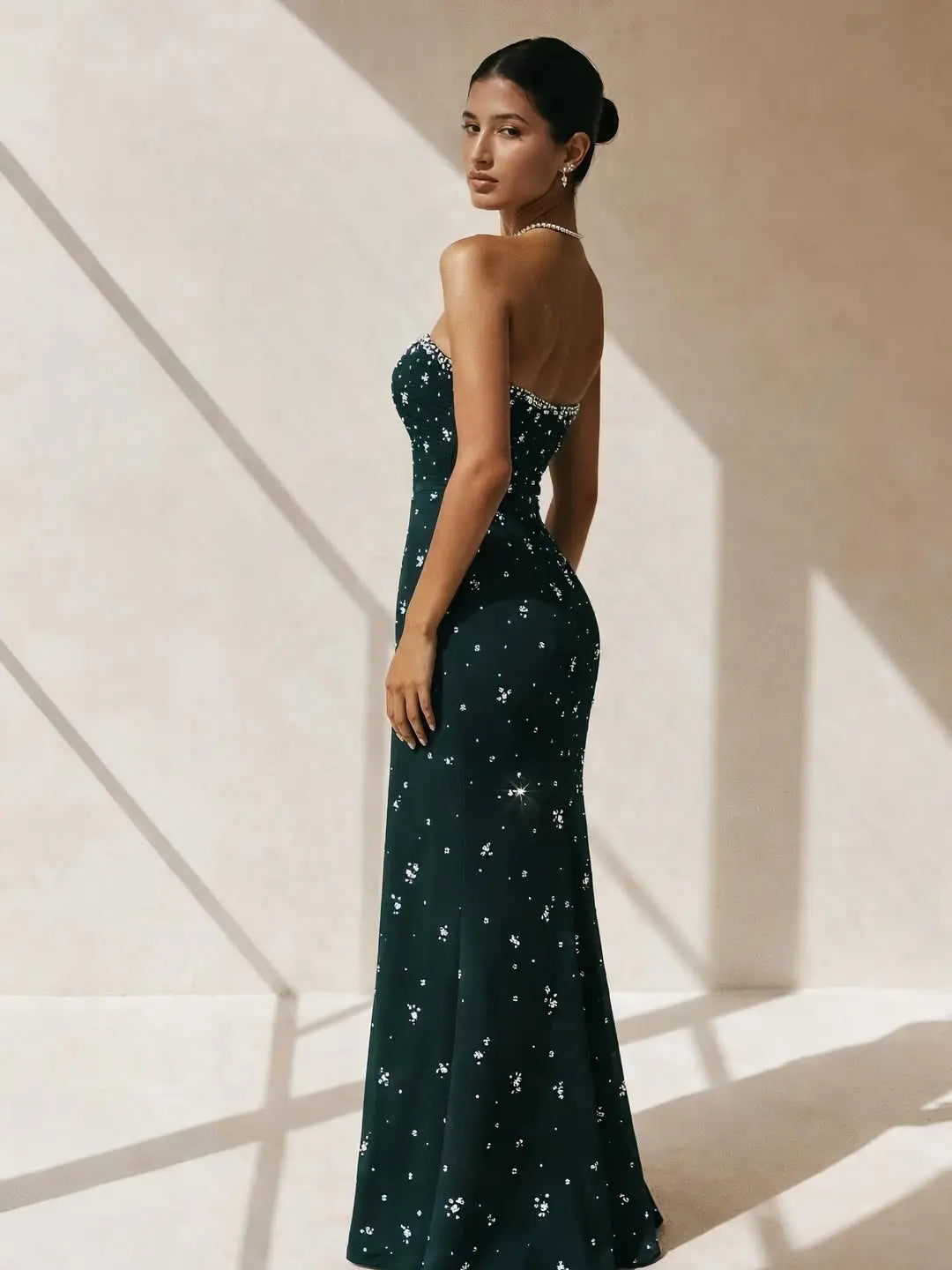 Elegant Rhinestones Strapless Emerald Green Evening Dress SS221