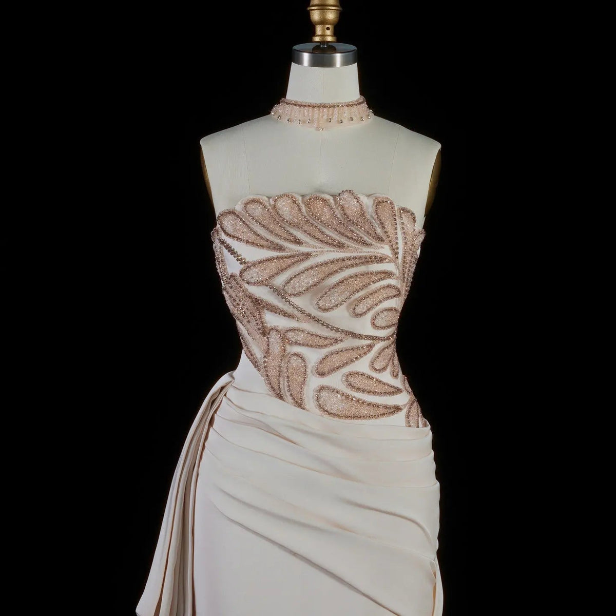 Luxury Beige Strapless Beaded Evening Dress with Overskirt and Scarf SS242
