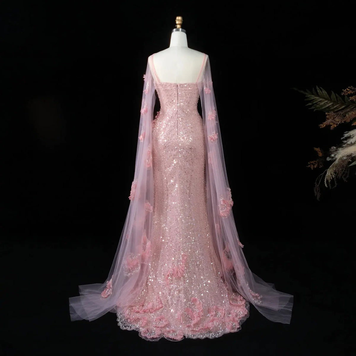 Pink Sheer Tulle Romantic Mermaid Sequins 3D Floral Evening Dress SS472