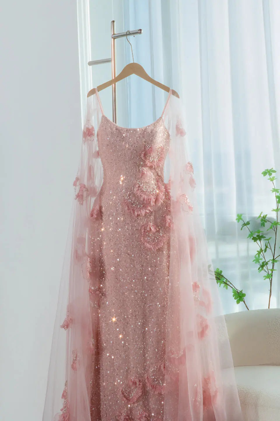 Pink Sheer Tulle Romantic Mermaid Sequins 3D Floral Evening Dress SS472