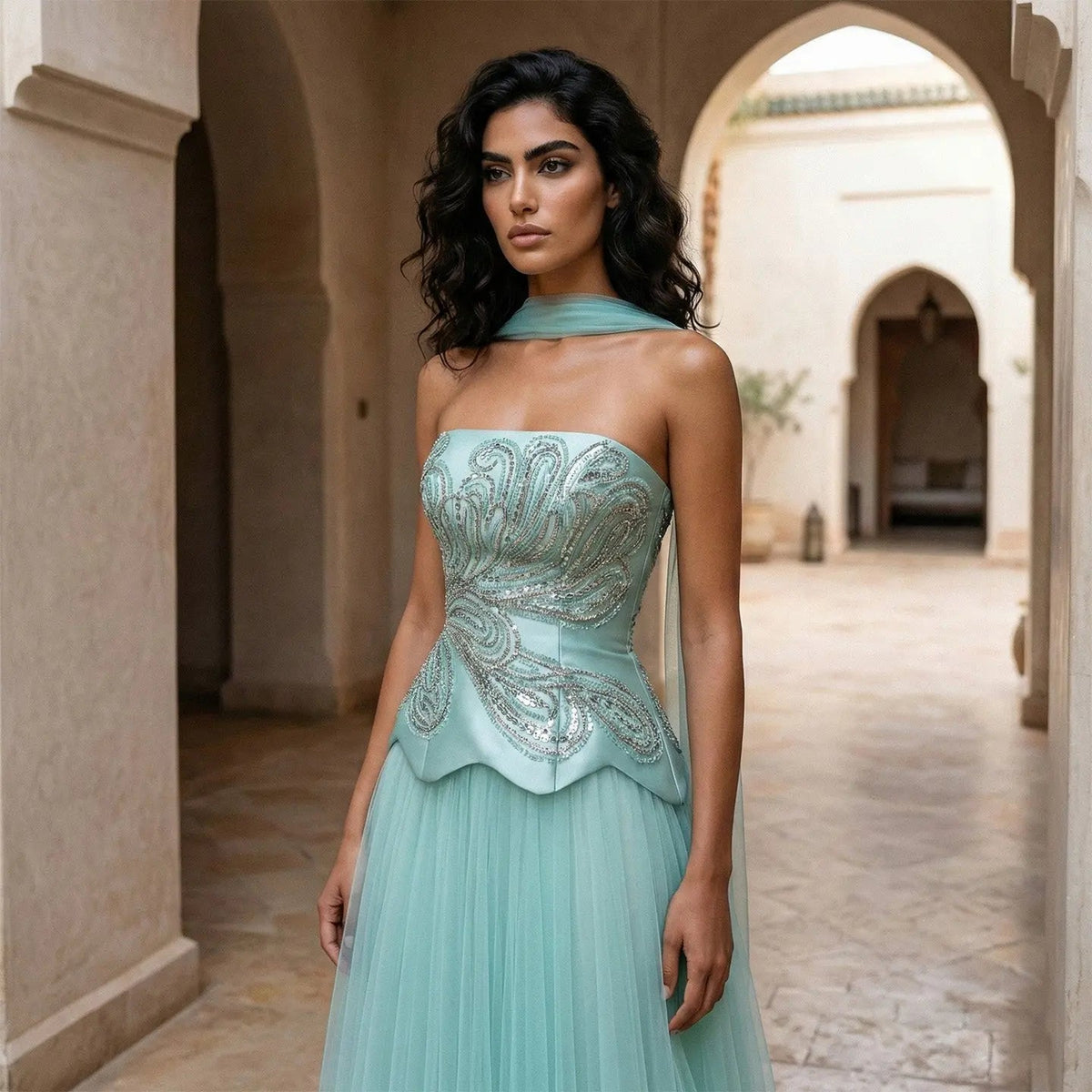Luxury Aqua Strapless Sequin Cape A-line Evening Dress with Scarf SS413