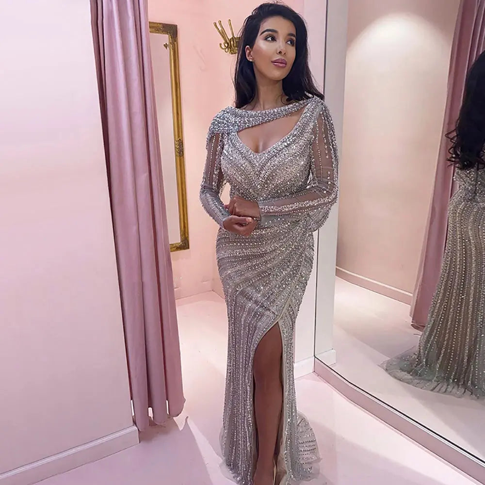Luxury Beaded Silver Slit Mermaid Evening Dress with Cape SS035