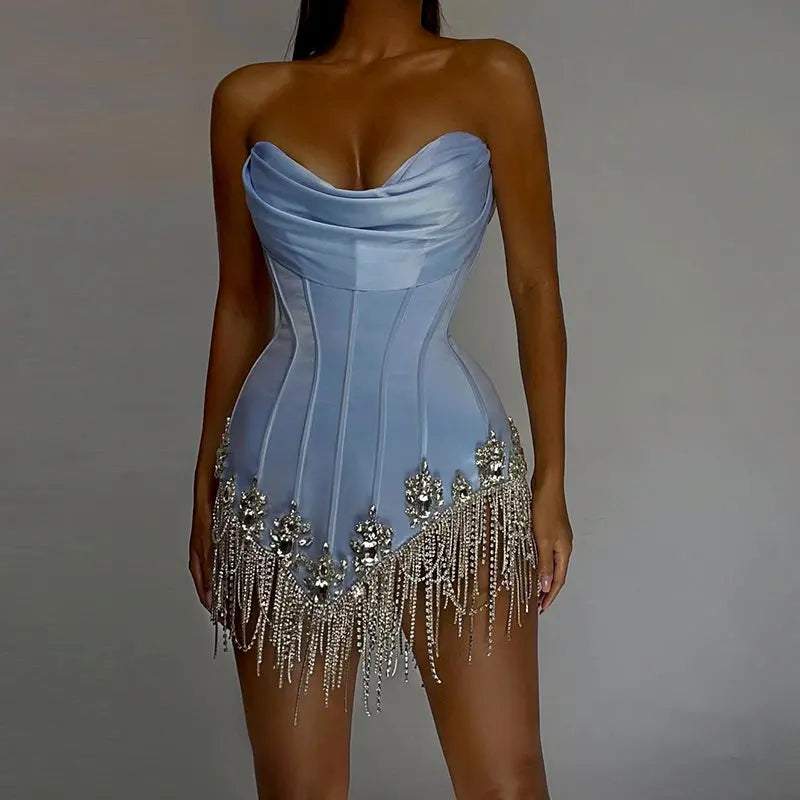 Luxury Crystal Tassel Strapless Blue Short Homecoming Dress RM010