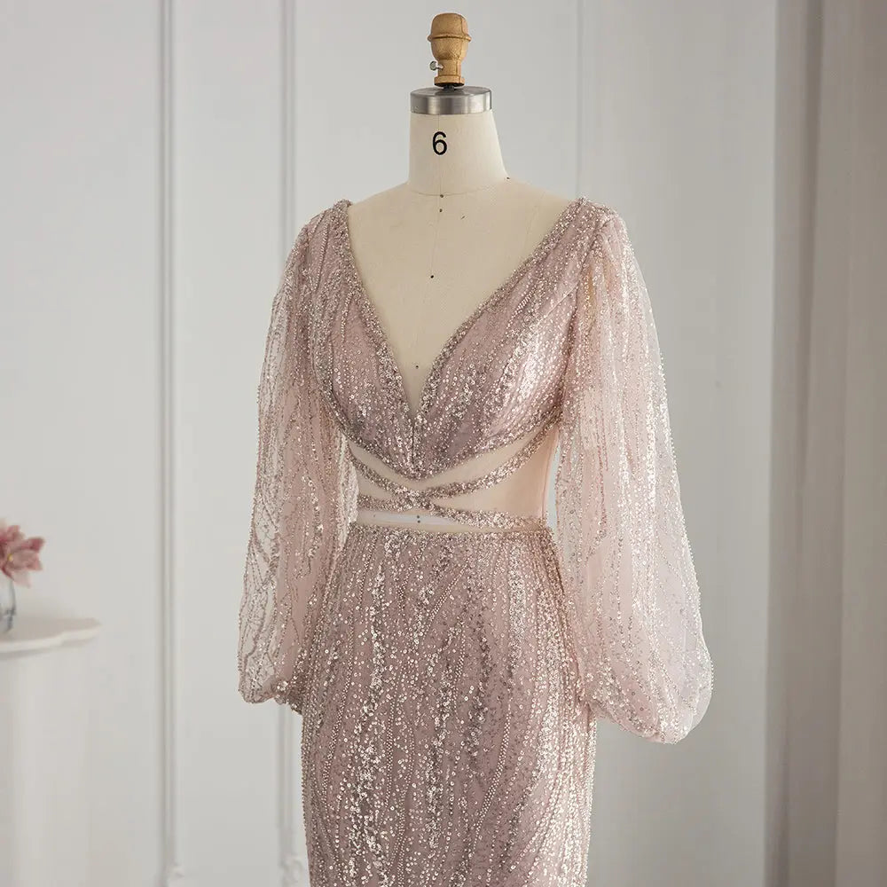 Luxury Beaded Long Sleeves Sage Green Formal Dress RM033