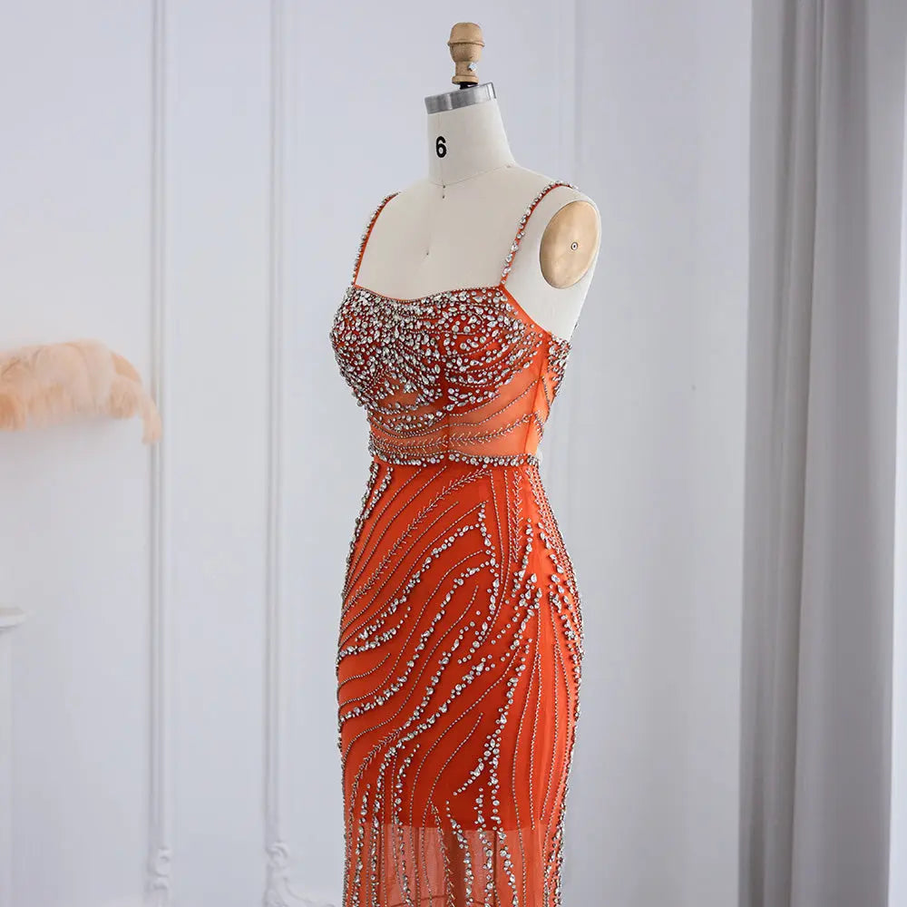 Luxury Orange Crystal Spaghetti Cocktail Party Evening Dress SS351