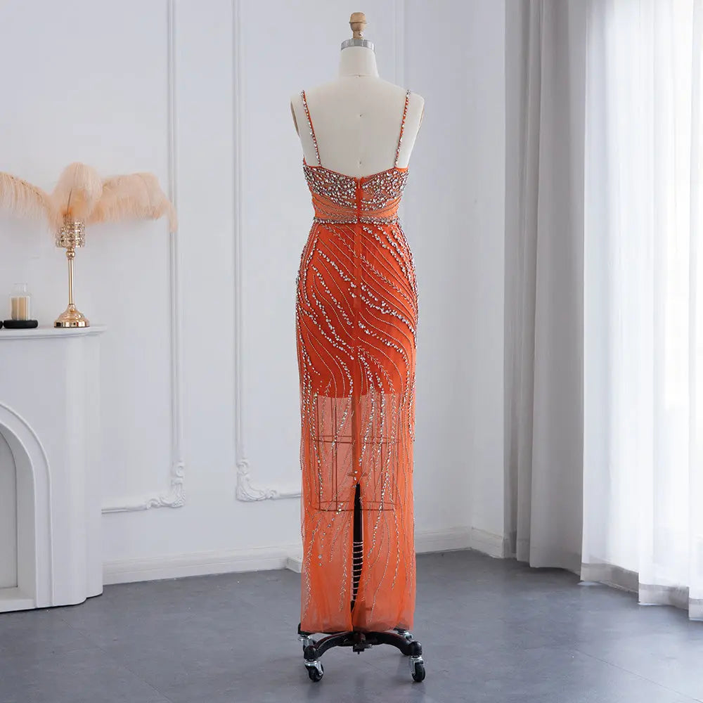 Luxury Orange Crystal Spaghetti Cocktail Party Evening Dress SS351