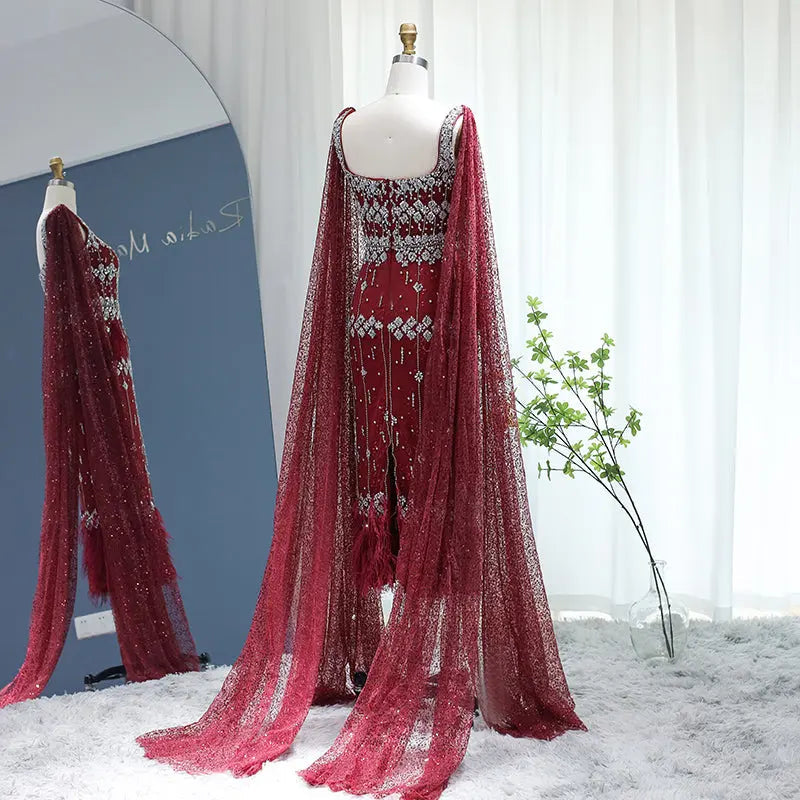 Luxury Gray Feather Straight Evening Dress with Cape Sleeves SS279