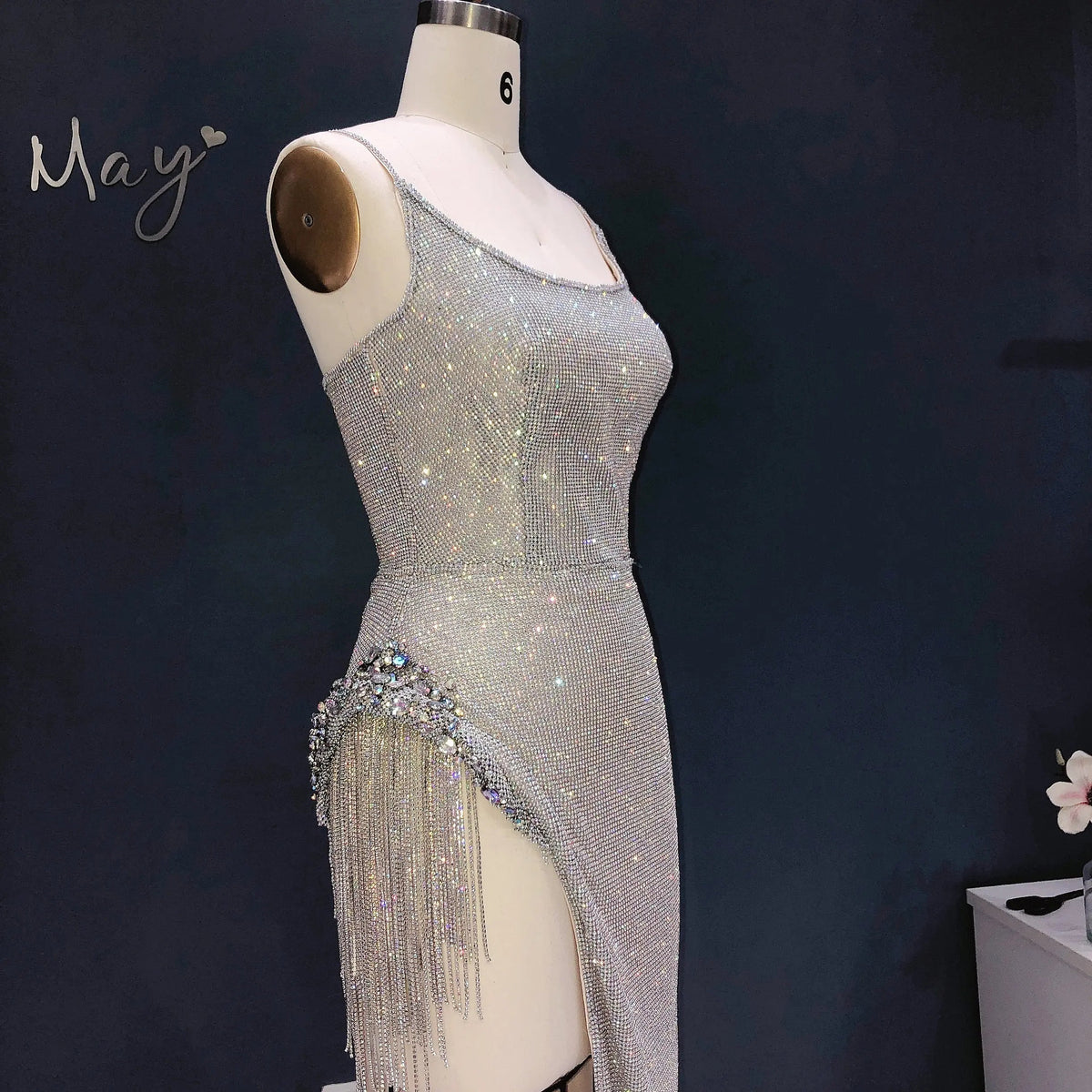 Luxury Crystal Tassels Spaghetti High Slit Cocktail Dress RM019