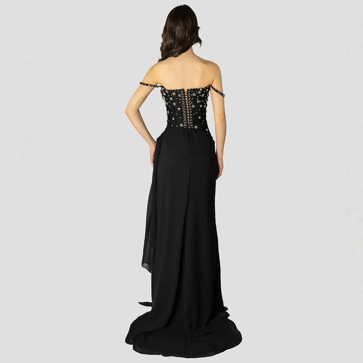 Luxury Black Beaded Corset Ruched Mermaid Evening Dress SS248