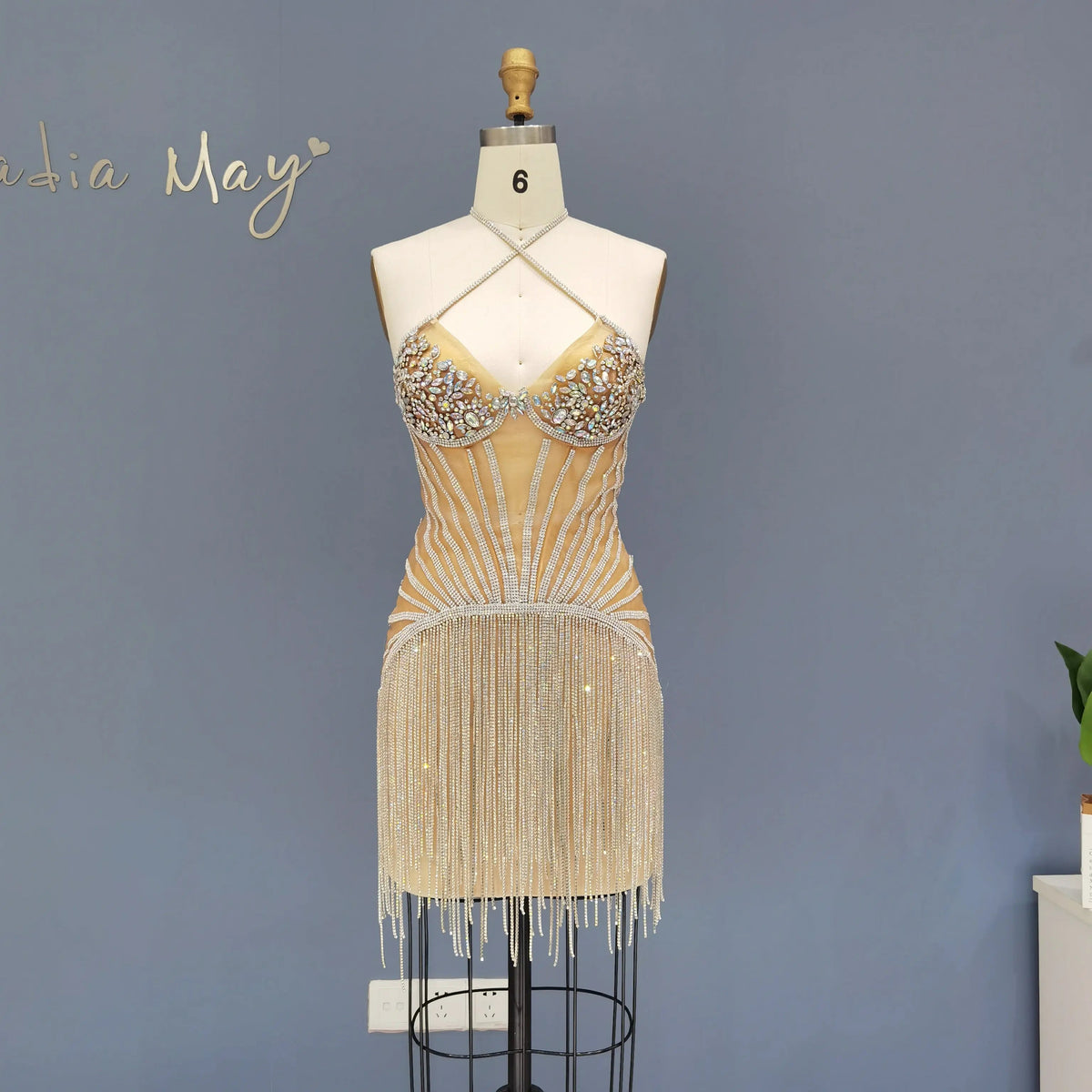 Luxury Crystal Tassels Criss Cross Halter Short Cocktail Dress RM011
