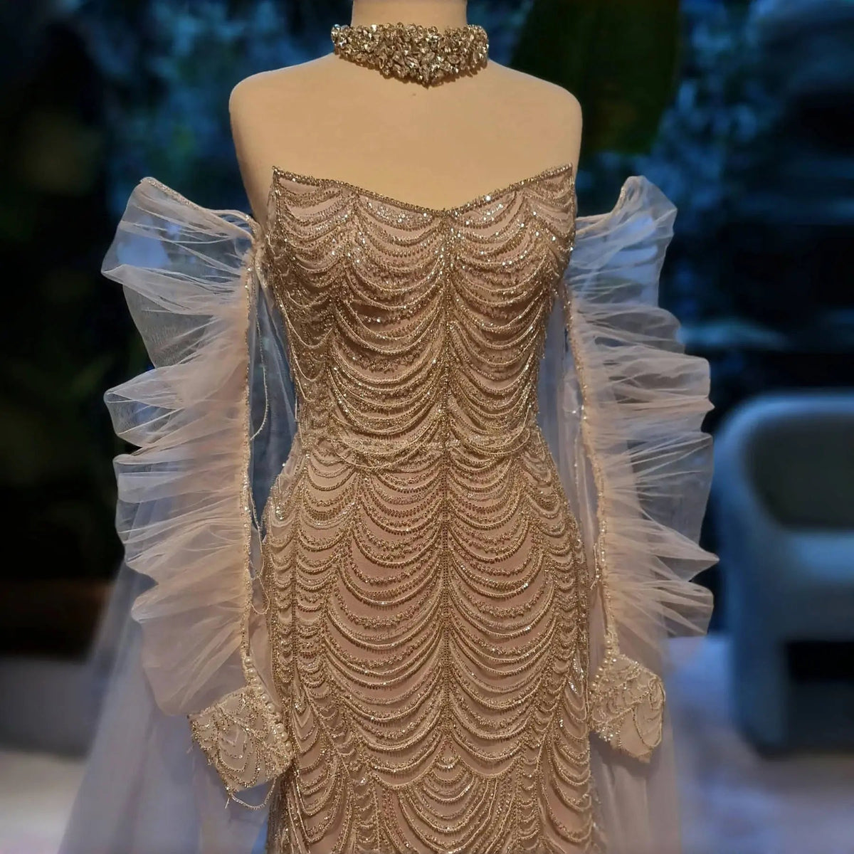 Luxury Beading Tassel Evening Dress with Cape Sleeves SS535