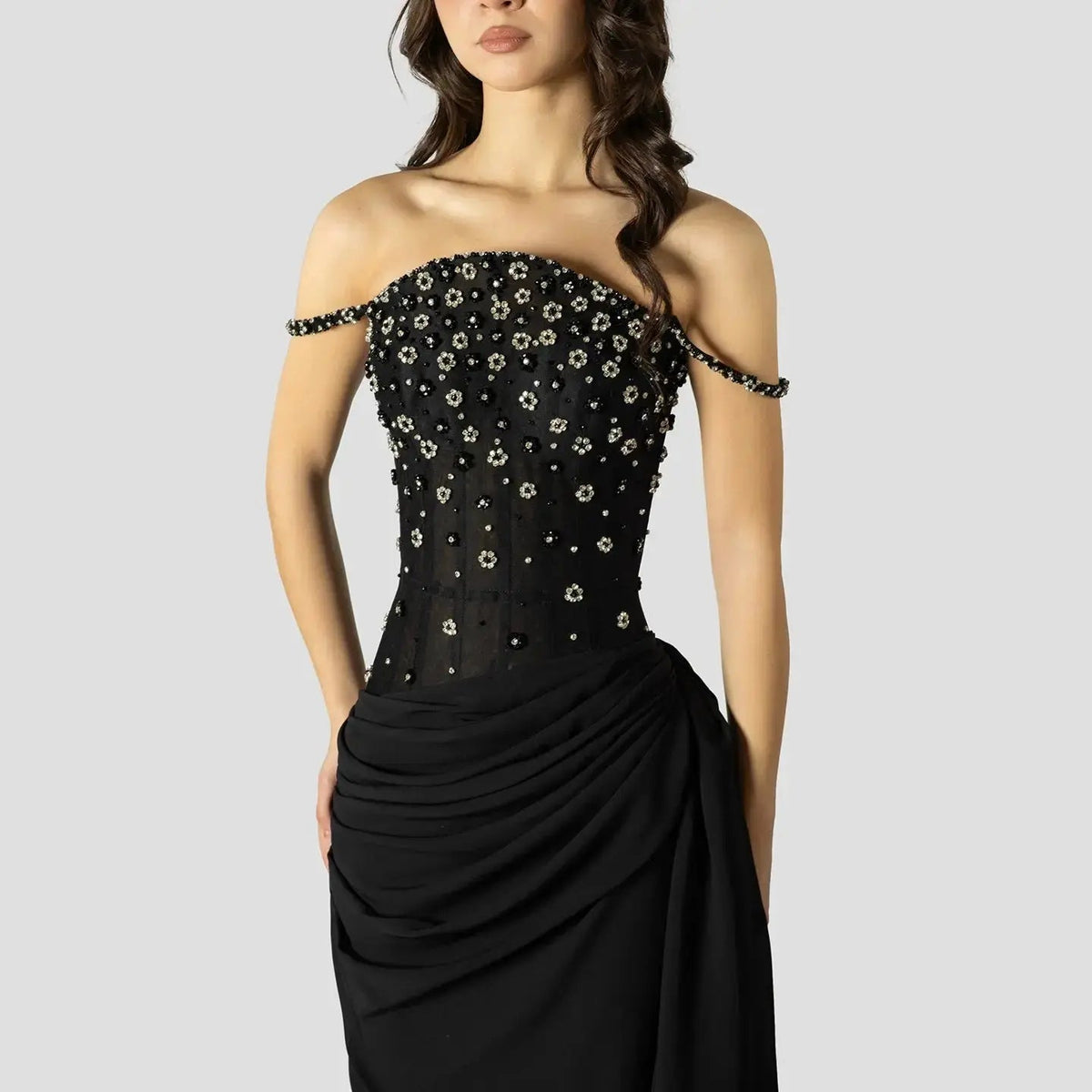 Luxury Black Beaded Corset Ruched Mermaid Evening Dress SS248