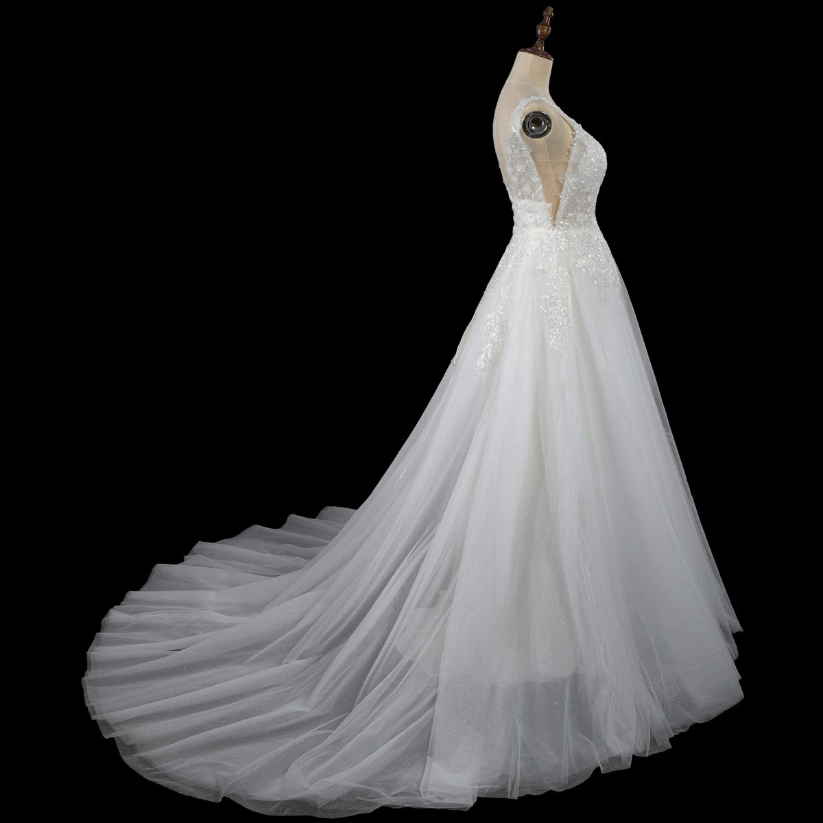Dreamy White Glitter Tulle Wedding Dress with Lace Bodice and Corset Back SW710