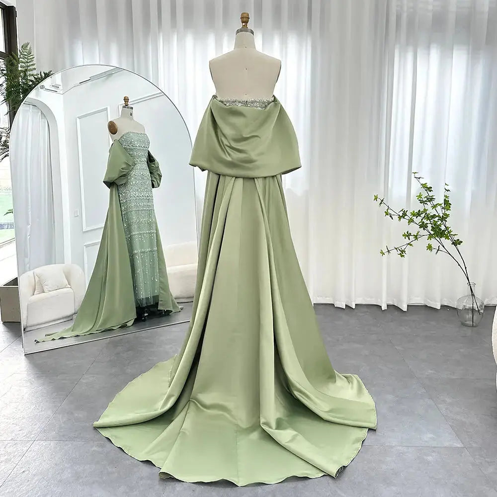 Luxury Sage Green Beaded Evening Dress with Cape SS238