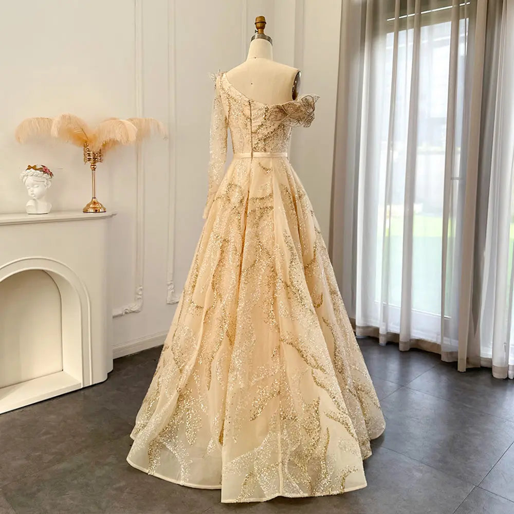 Luxury Ball Gown Gold One Shoulder Evening Dress SS359